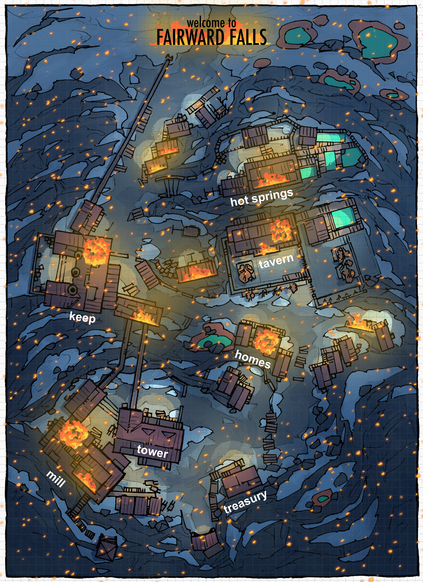 DnD town map on fire from dragon attack