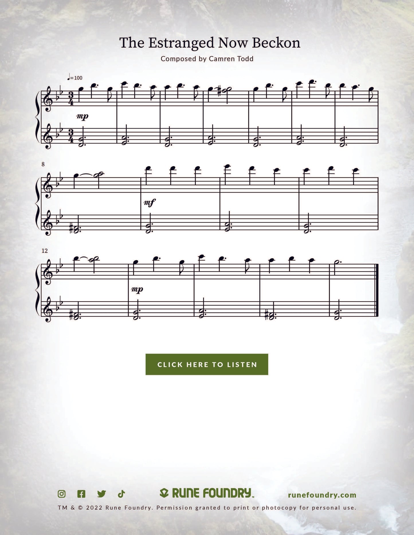 The Estranged Now Beckon sheet music and listen button for Songs of the Estranged dnd one shot adventure.