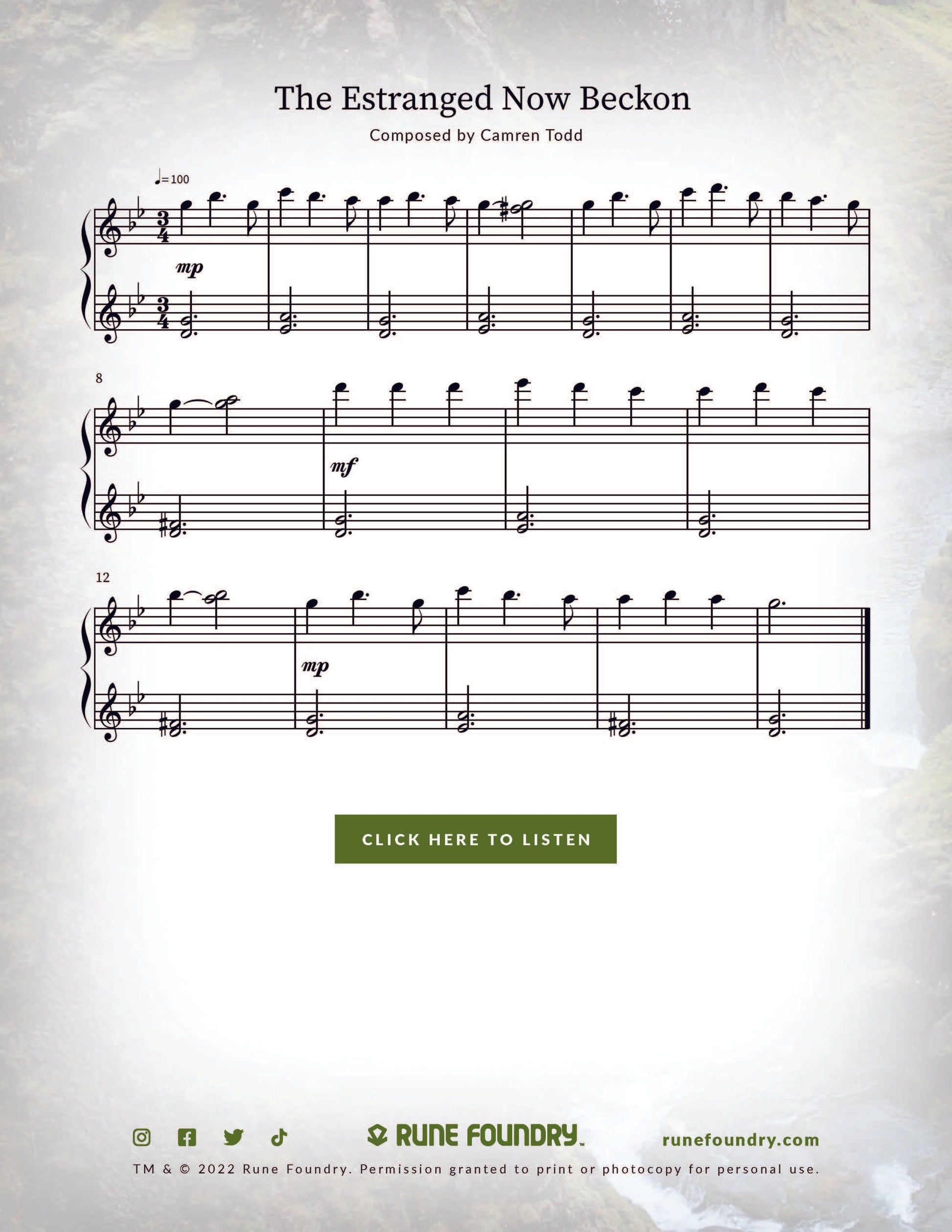The Estranged Now Beckon sheet music and listen button for Songs of the Estranged dnd one shot adventure.