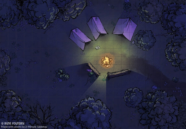 DnD map, forest encampment with tents at night around campfire | Rune Foundry