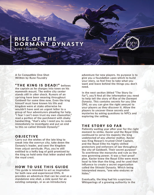 DnD One Shot Adventure for 5e, Rise of the Dormant Dynasty by Rune Foundry