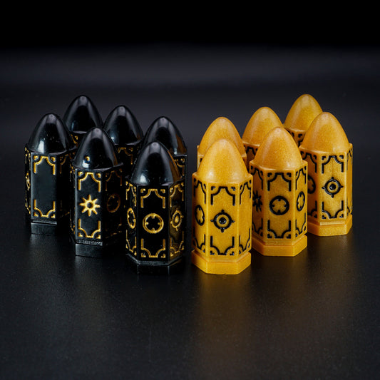 Full set of Wild Imaginary West RPG dice, six black six gold