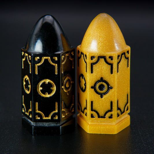 Black and Gold wild imaginary west RPG dice up close