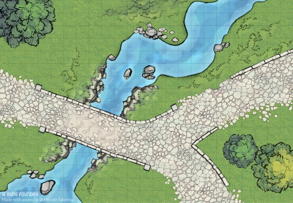 DnD map, mountain crossroads with bridge over creek river | Rune Foundry